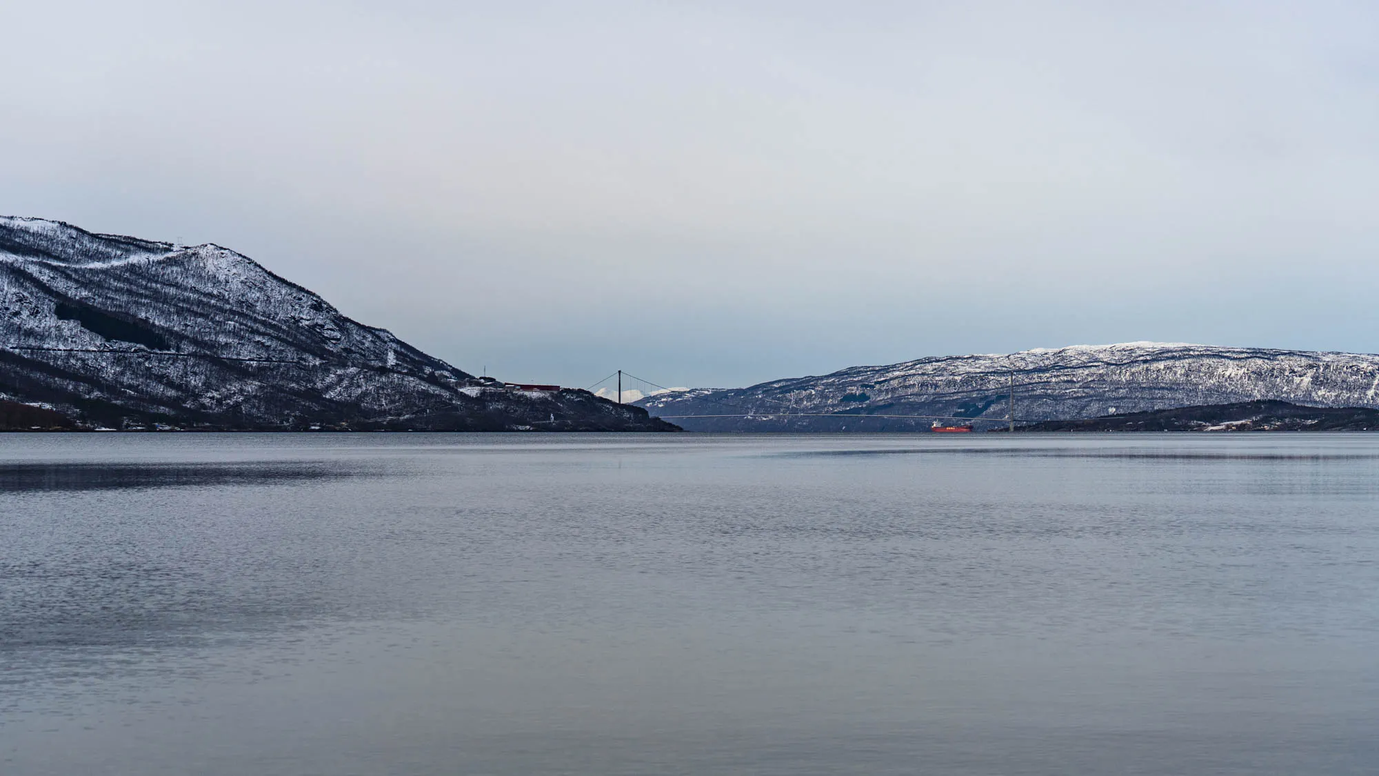 bridge above a fjord in the distance