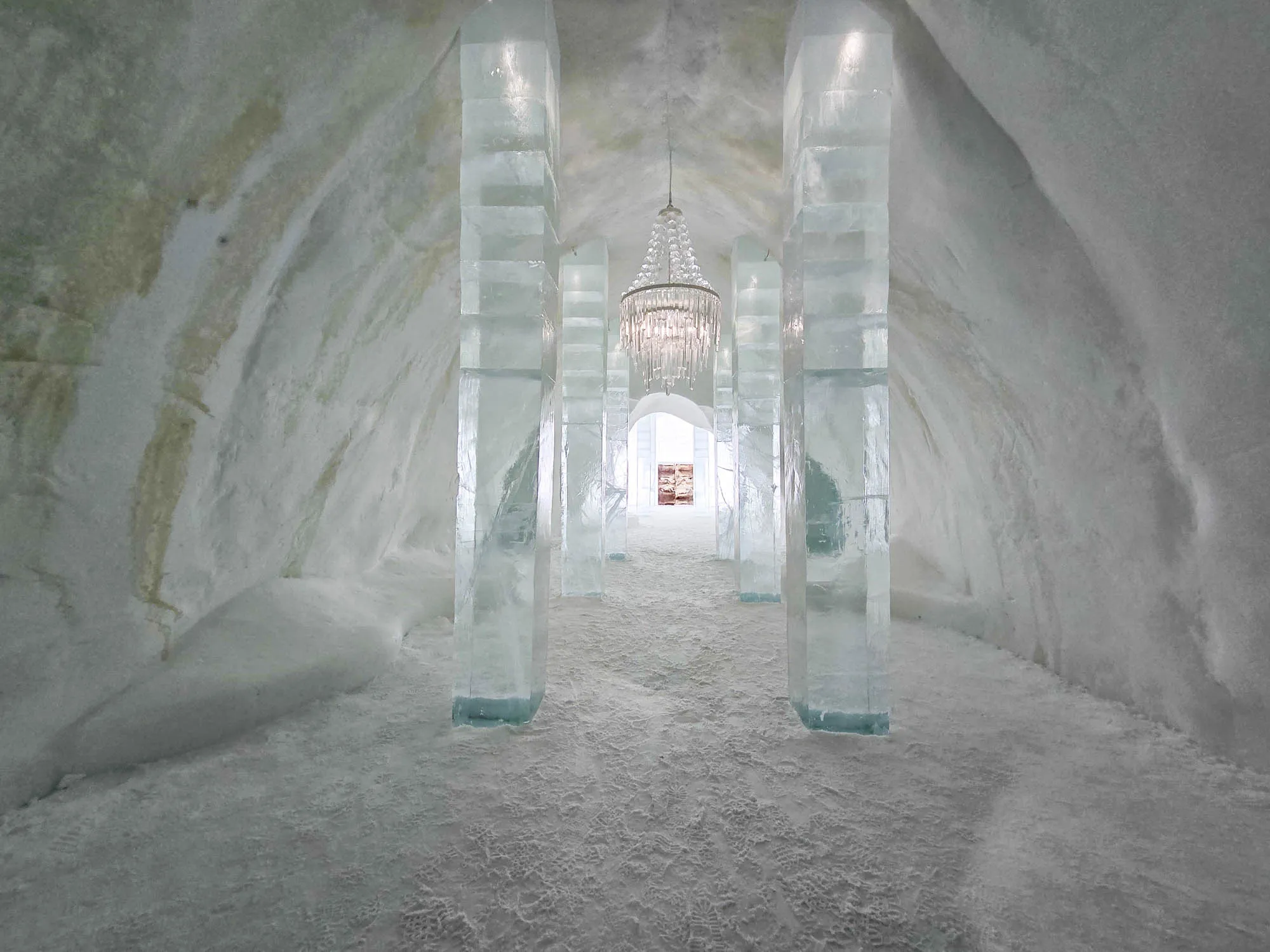frozen hallway, chandelier and clear ice columns