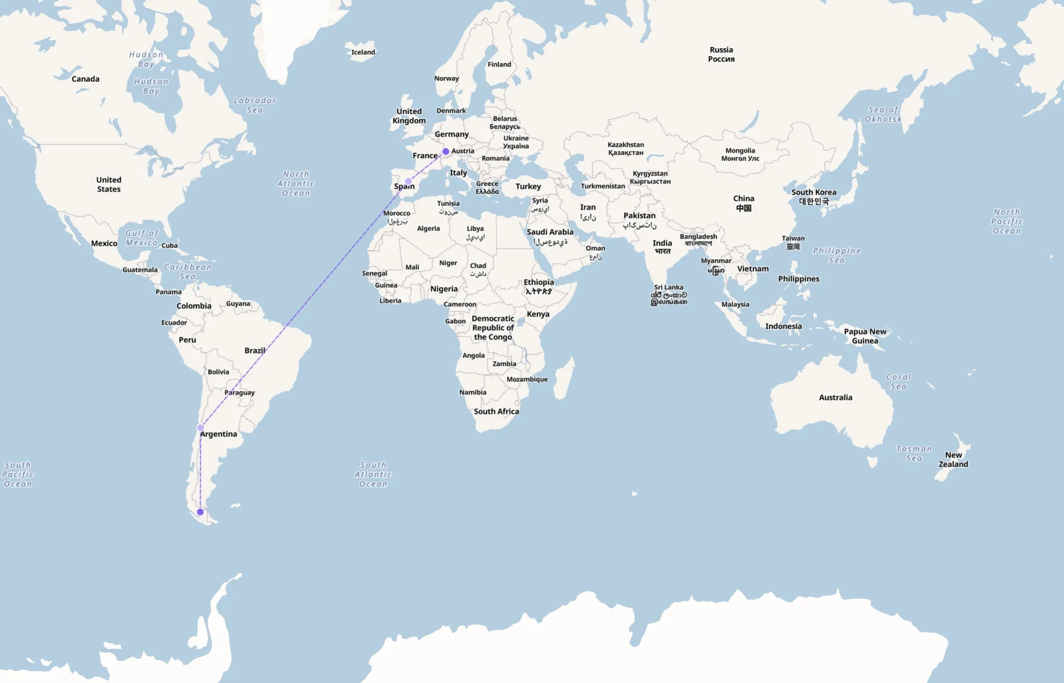 map of flight route drawn from Zürich to Punta Arenas